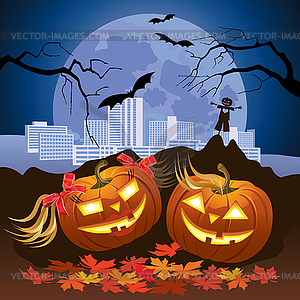 Два Хэллоуин тыквы в ночное время - изображение в векторе