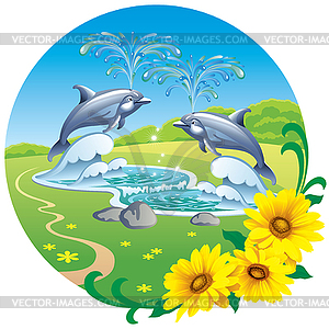 Fountain of dolphins - vector clipart