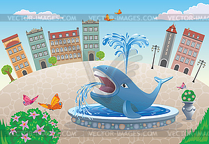 Fountain with whale in town square - vector image