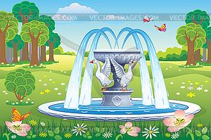 Красивый пейзаж с фонтаном в парке - векторизованное изображение клипарта