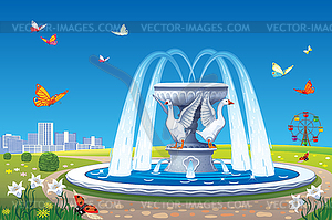 Beautiful summer landscape with fountain - vector image