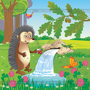 Hedgehog near spring in clearing in woods - vector clip art