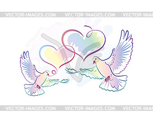 Greeting card with doves and hearts - vector clipart