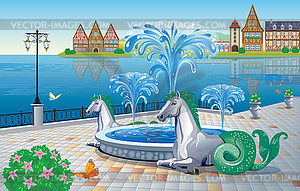 Beautiful summer landscape with fountain on - vector image