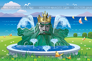 Landscape with fountain Neptune - vector image