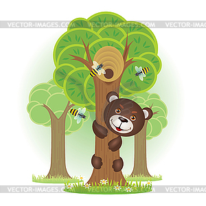 Bear climbs tree for honey - vector EPS clipart