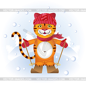Little cartoon tiger is going to ski - vector image