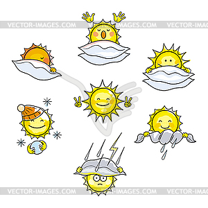 Icons with sun in different weather conditions - vector clip art