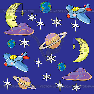 Seamless texture night sky with planets and plane - vector clip art