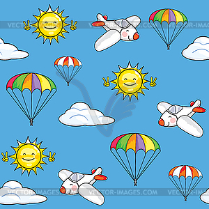 Seamless texture sky with airplanes and parachutes - vector clipart / vector image