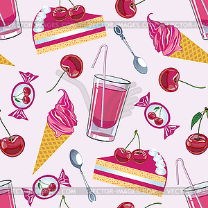 Seamless texture with cherry cakes and sweets - vector image