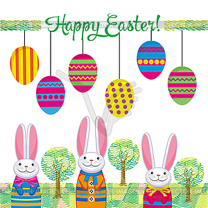 Greeting card happy Easter with happy bunnies and - royalty-free vector clipart