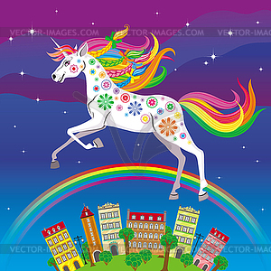 White unicorn galloping in sky over city and rainbow - vector clipart