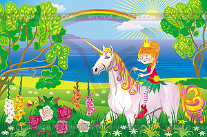 Sunny landscape with girl riding unicorn - vector clipart