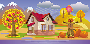Beautiful autumn landscape with house, Apple trees - vector clip art
