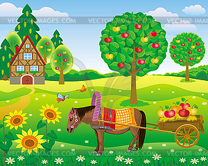 In garden horse carries cart with apples - vector image