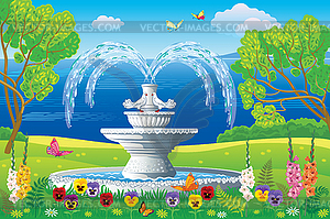 Beautiful landscape with white fountain on - vector clipart / vector image