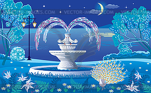 Mysterious night is beautiful Park with fountain an - vector clipart