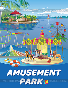 Billboard amusement Park with carousel and - vector image