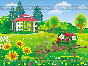 Garden with gazebo and decorative garden wheelbarro - vector image