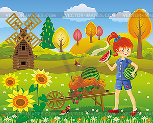 Little girl with watermelon walking in autumn garden - vector image