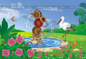 Beautiful summer landscape with fountain and stork - vector clipart