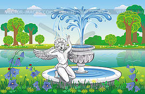 Landscape with fountain and an angel near river - vector clipart
