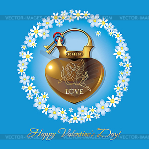 Greeting card for Valentine`s Day with lock and key - vector image