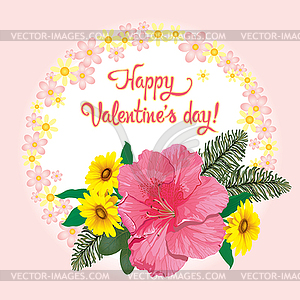 Postcard Valentine`s Day with bouquet on pink - vector clipart