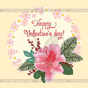 Postcard Valentine`s Day with bouquet on beige - vector image