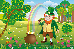 Leprechaun next to pot of its gold - vector EPS clipart