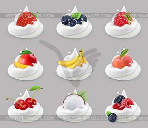 Whipped cream with fruits and berries, 3d icon set - vector EPS clipart