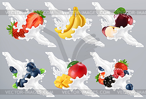 Fruits and berries in milk splash, yogurt. - vector clipart