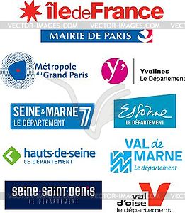 Region Île-de-France and its departments logos - vector image