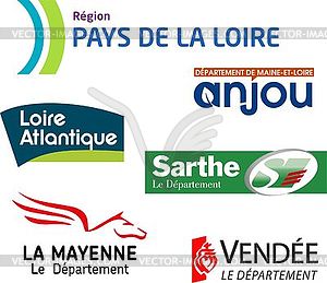 Region Pays de la Loire and its departments logos - stock vector clipart