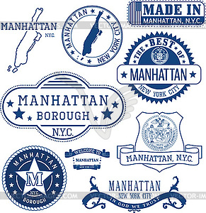 Generic stamps and signs of Manhattan borough, NYC - vector clip art