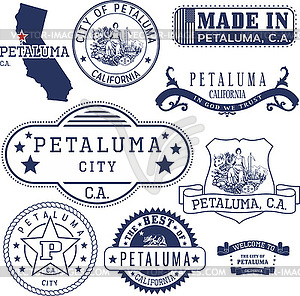 Petaluma city, CA. Stamps and signs - vector clipart