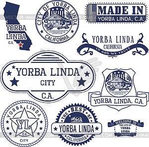 Yorba Linda city, CA. Stamps and signs - vector clip art