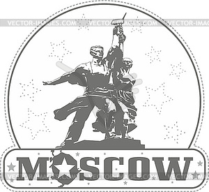 Sticker with Worker and Kolkhoz Woman Monument in - vector clip art