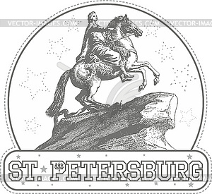 Sticker with Bronze Horseman monument in St. - vector image