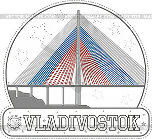 Sticker with Russkiy bridge in Vladivostok, Russia - vector clipart