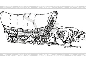 Prairie schooner with oxen - vector clipart