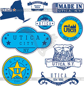 Set of generic stamps and signs of Utica, NY - vector clipart