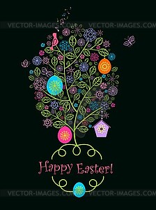 Красивая пасхальная поздравительная открытка с цветущим деревом - векторный графический клипарт