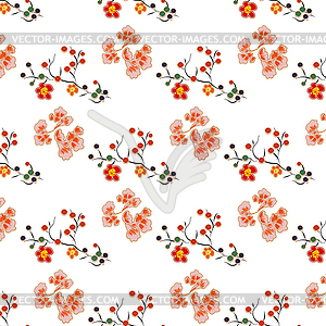 Fabulous flowers with bright red berries. Japanese - vector image