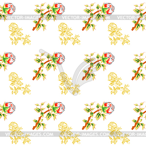 Fabulous flowers with bright red berries. Japanese - vector clipart