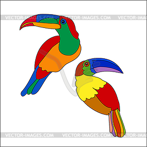 Funny cartoon Rainbow Toucan bird with Golden wings - vector image