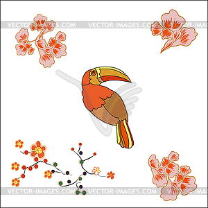 Funny cartoon Rainbow Toucan bird with Golden wings - vector clipart