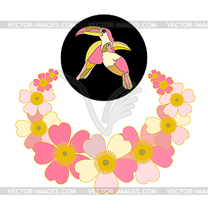 Romantic floral background. cartoon Rainbow Toucan - vector image