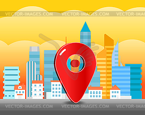 Cityscape with glass pin. City trafic - vector image